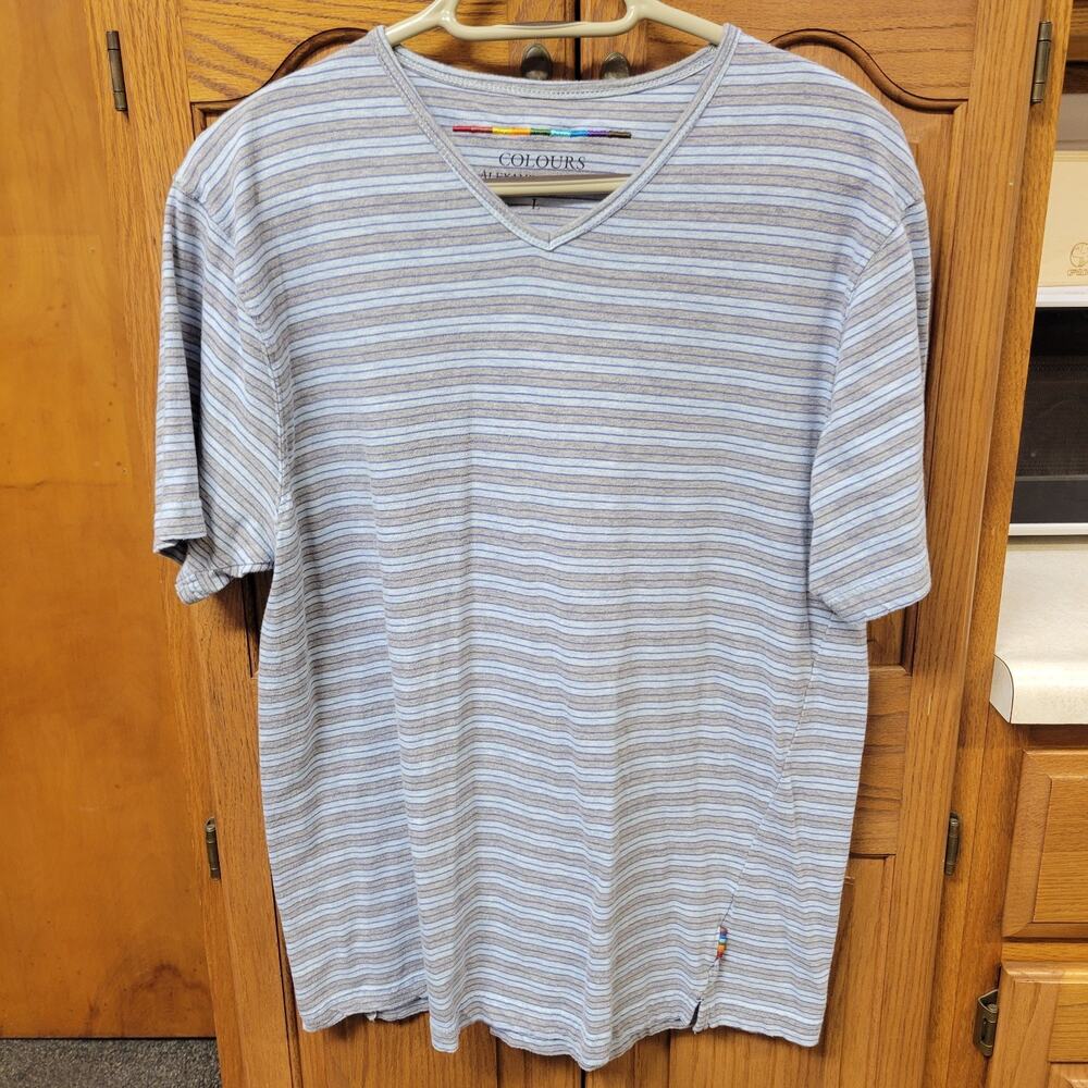 Colours Alexander Julian Womens V Neck T Shirt Blue Purple And Grey Striped L